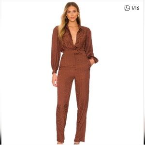 Lovers + Friends Cheyanne Textured Brown Leopard Long Sleeve Jumpsuit
